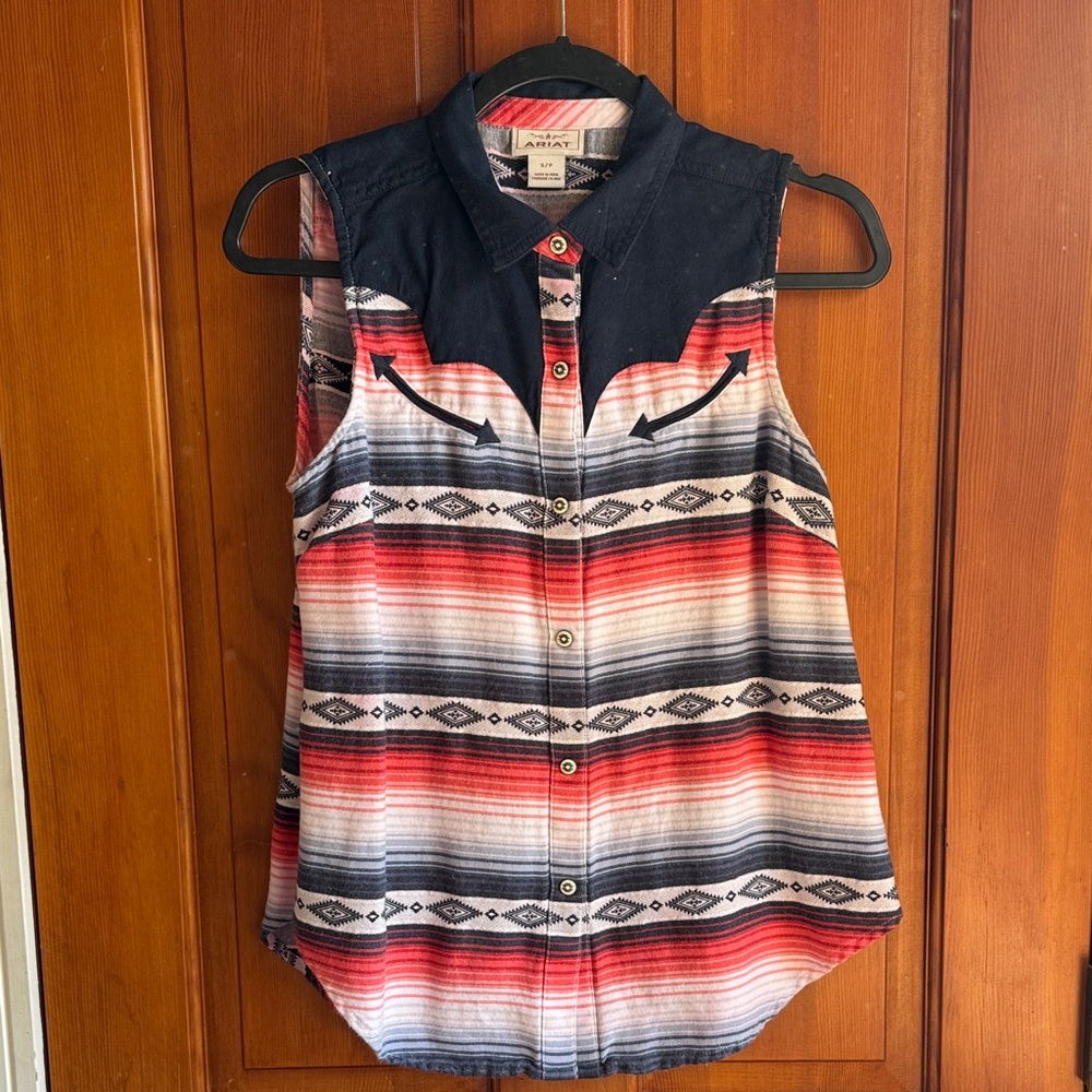 Ariat Women's Sleeveless Button Down Shirt - Red, Black, White Stripes